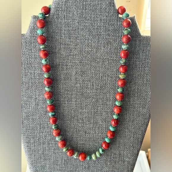 Turquoise and Coral Bead Necklace 925 19” - Picture 4 of 6
